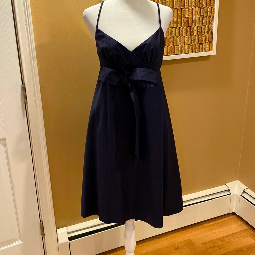 J Crew Navy Cotton Spaghetti Strap Dress with front tie. 35” length